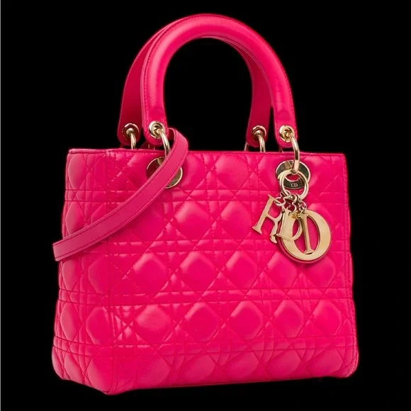 π₯ Christian Dior Lady Dior Pink Supple Quilted Lambskin Large Bag EUC! - Picture 3 of 16
